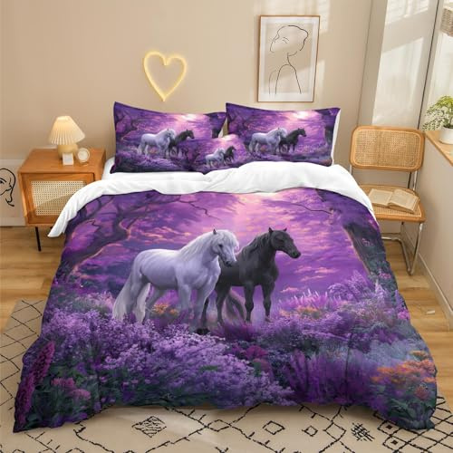 WVKFJEK Double Duvet Cover Set Horse Animal Flower Print Printed Quilt Cover 200x200 cm with 2 Pillowcases and Zipper Closure Soft Microfiber Bedding Set for Kids bedroom Girls Boys Teens