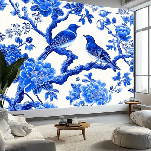 Murale da Parete 3D Porcellana Blu e Bianca Fiori Uccelli Carta da Parati Fotografica, Stile Tradizionale Cinese Murale da Parete in Tessuto Non Tessuto Poster Decorativo 200 x 140 cm per Soggiorno