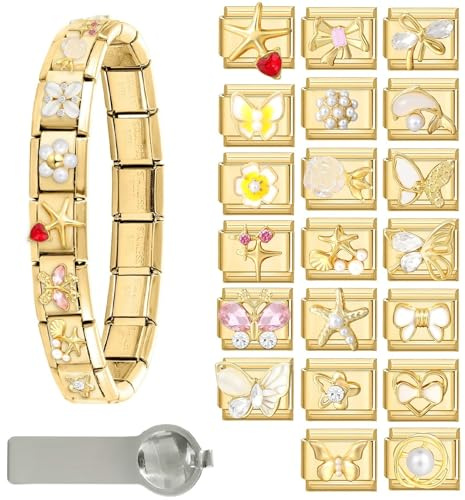 papasgix Bracelet de Charms Italien Or avec Ensemble de Charms 1 pièce de Bracelet de Départ en Or 20 pièces de Charms Assortis 1 pièce d’Outil d’Ouverture Charms Italiens Modulaires de 9 mm pour