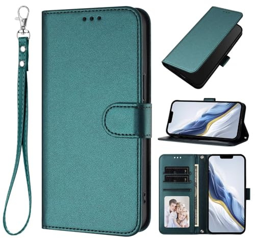 HAOFUGUI Funda Cartera para Moto G22 4G / E32S / E22S 4G, Cubierta de Cuero PU Carcasa, TPU Protección Antigolpes Funda, con Ranuras para Tarjetas Bolsillo y Correa de Muñeca-Verde Oscuro