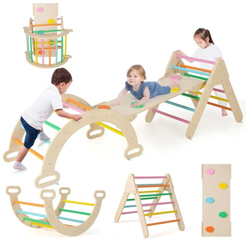 FANTASK 4 in 1 Klettergerüst Indoor mit Kletterdreieck & Kletterbogen & Rampe, Kletterdreieck Holz Frei kombinierbar, Sprossendreieck für Kleinkinder ab 1 Jahre (Bunt)