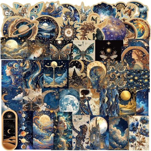 DiiWmme 50Pcs Vintage Astronomy Stickers, Space Moon Planets Galaxy Stickers, Vinyl Waterproof Retro Celestial Decals for Laptops Water Bottles Skateboard Books, Teens and Adults (Universe)