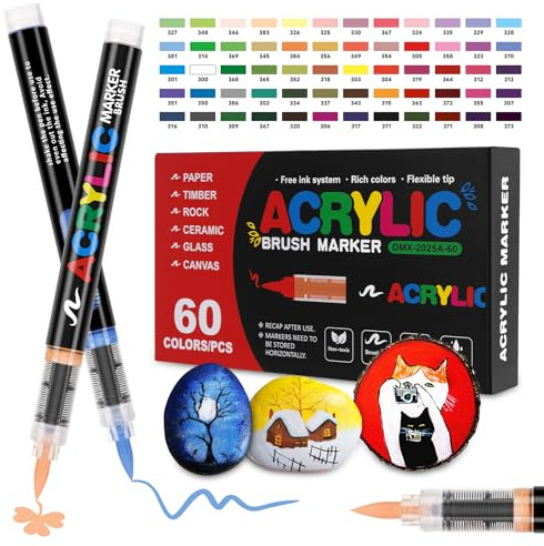 TOVIKI Rotuladores Acrílicos 60 Colores Punta Pincel 1-6mm - Set de Pintura Líquido Directo, Tinta Acrílica de Secado Rápido para Pintar Huevos de Pascua, Piedras, Madera y Vidrio