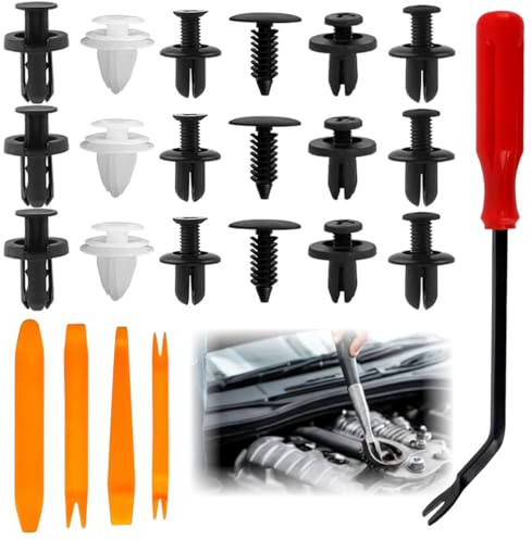 MUNZE Rivetti In Plastica Per Auto, 100 Pezzi Clip Multitaglia Con 4 Utensili + Cacciavite, Fermagli A Pressione Per Porta Pannello Parafango (Nero, Bianco)
