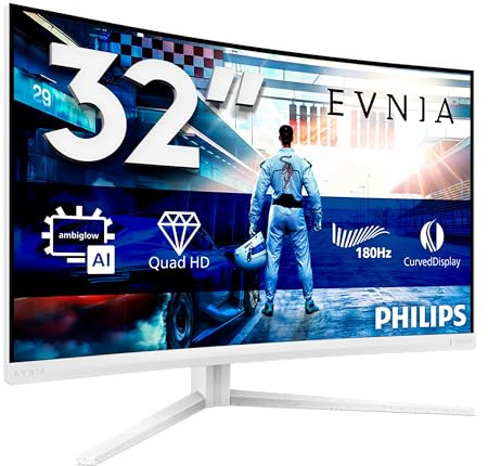 Philips Evnia 32M2C5591 32 inch WQHD Gaming Monitor Curved, 180Hz, Fast VA Panel, 1ms GtG, HDR10, FreeSync, Height Adjustment, (2560x1440 HDMI 2x 2.0 DP 1x 1.4) White