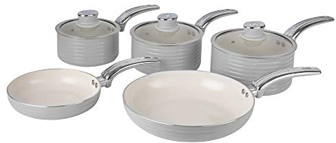 Swan SWPS5020GRN Retro 5 Piece Aluminium Pan Set with Glass Lid, Non-Stick Ceramic Coating, Grey
