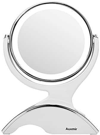 Auxmir Wiederaufladbarer Kosmetikspiegel mit 1X/10X Vergrößerung, Doppelseitiger Tischspiegel mit Blendfreier LED Beleuchtung, 360° Drehbar für Schminken, Rasieren und Gesichtspflege, Weiß