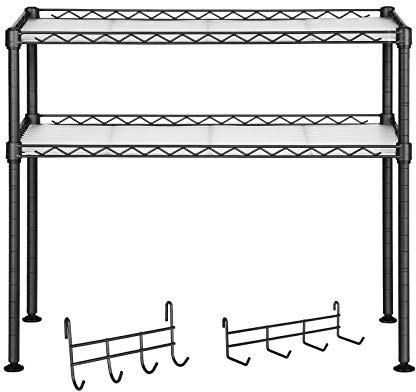 SONGMICS Estante para Horno de Microondas, Soporte Organizador de 2 Niveles para el Mostrador de la Cocina, con 2 Estantes Ajustables y 8 Ganchos, Negro LGR20BK | Soporte de almacenamiento, con 2 estantes ajustables y 8 ganchos, color negro, colección DALTEN LGR020B01