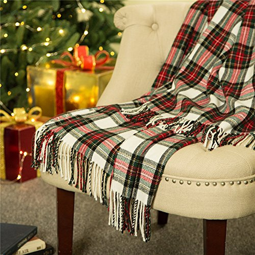 Glitzhome Plaid Throw Blanket Christmas Tartan Throw Blanket Plaid Blanket with Tassels for Bed Couch Sofa Reversible Throw, 60 x 50 Inches