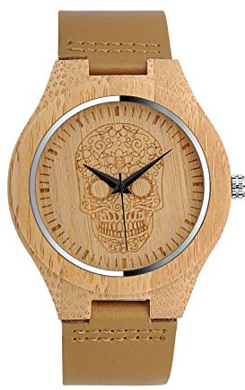 Unendlich U-Moda Casual Reloj de Madera de Bambú para Mujer y Hombre Reloj de Cuarzo con la Correa de Cuero Genuino Idea Regalo Navidad Pareja Diseño Cráneo Calavera