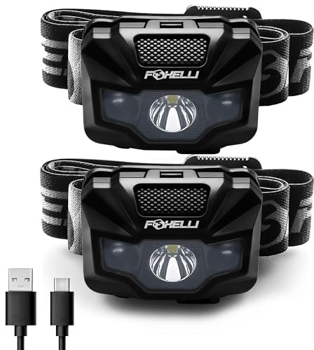 Foxelli USB‑C Rechargeable LED Headlamp – Ultra‑Light 2.4 oz & Bright 180 Lumens – Red/White Light, 5 Modes, IPX5 Waterproof, 40 h Runtime for Trail Running, Camping, Hiking