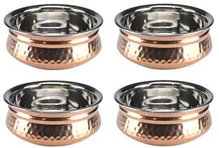 Hammered Copper Serving Handi Double Wall Balti Dishes Curry Serving Bowls Indian Stainless Steel Multipurpose Rim Serving Bowls Set 13cm/15cm/17cm (4, 17cm)