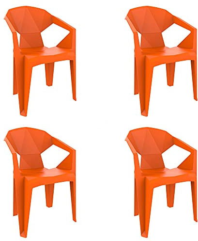 resol grupo RESOL Delta Set 4 Sillas de Jardín Apilables con Reposabrazos de Diseño Moderno para Terraza, Porche o Balcón con Filtro UV No Pierde Color y de Fácil Mantenimiento - Color Naranja