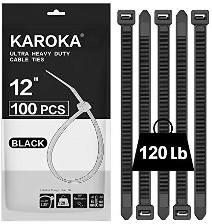 Zip Ties 12 inch Heavy Duty Zip Ties with 120 Pounds Tensile Strength, Black Cable Ties, 100 Pieces,by Karoka