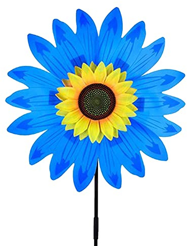 ikasus 36 cm de diamètre décoration Tournesol,Moulin à Vent Fleurs,Décoration extérieure en métal - Convient pour terrasse, pelouse et jardin -Bleu