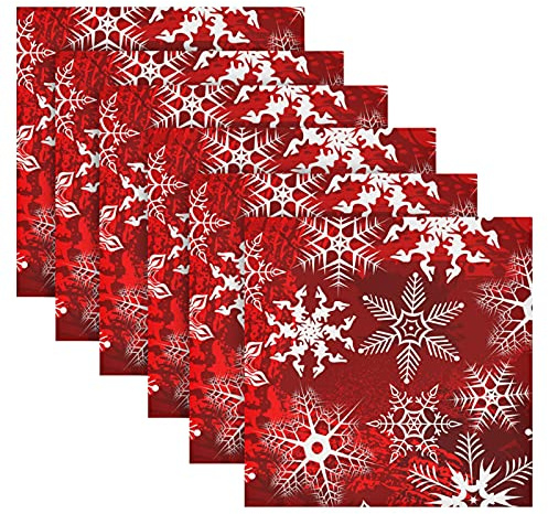 Weihnachtsservietten, Polyester, waschbar, wiederverwendbar, Motiv Schneeflocken, Rot, 6 Stück