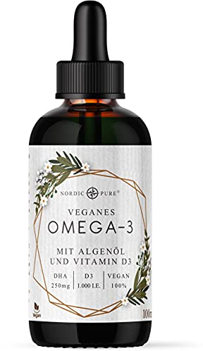 Veganes Omega 3 Algenöl Präparat | DHA aus der Mikroalge Schizochytrium sp. | Mit Vitamin D3 | Auf Basis von Hanfsamenöl | Hoher Anteil an Alpha-Linolsäure und Alpha Linolensäure, 100 ml