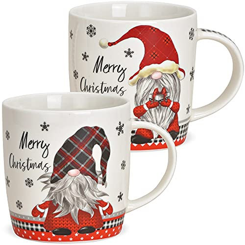 Lot de 2 mugs Merry Xmas Lutin en blanc – Décor coloré en porcelaine – Tasses à café de Noël de 11 cm – Passe au lave-vaisselle et au micro-ondes