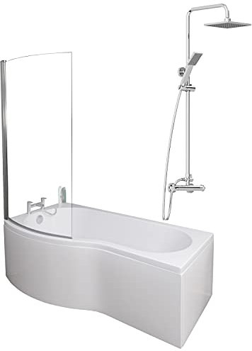 1700 x 900mm Left Hand P-Shaped Curved Shower Bath Bathroom Bathtub Glass Shower Screen Front Panel & Thermostatic Mixer Shower Set Handheld Chrome Square Rainfall Head