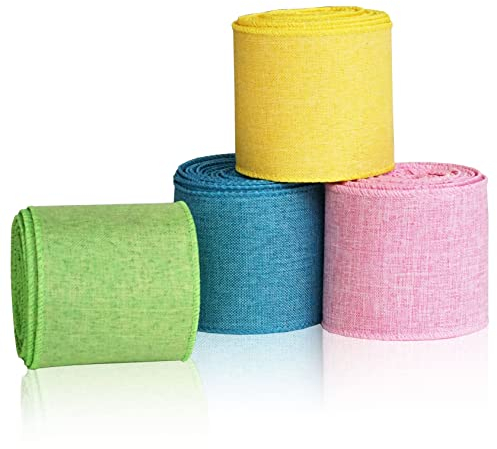 Cintago 4 Rollen Osterband mit Draht, Jute Pastell Osterband, Drahtband für Osterkranz Dekor, Rosa, Gelb, Blau und Grün, 2 1/2 Zoll, 24 Yards