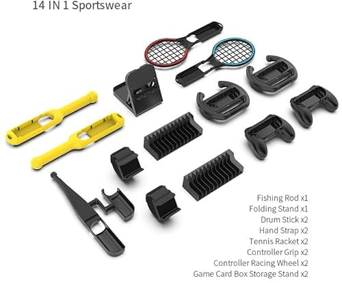 14 In 1 Sport Accessories Compatible for NS Switch, Gaming Sets with Fishing Rod Tennis Rackets Drum Sticks Racing Wheels Controller Handle Grip Storage Box Games Kits Sport Family Party Pack