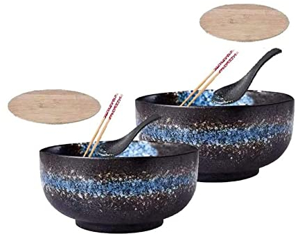 2 Sets Ceramic Ramen Bowl, 1500ml Large Deep Inner Bowls, with Lid Spoon Chopsticks, Japanese Noodle Soup Bowl, Ramen, Pho, Noodle Soup, Udon, Donburi