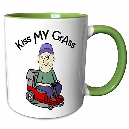 3dRose Funny Cute Old Man on Riding Lawn Mower Kiss my Grass Mowing Pun 15oz Two-Tone Green Mug