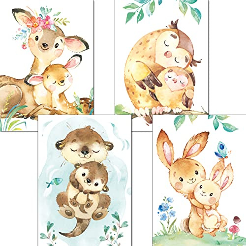 LALELU-Prints Bilder Kinderzimmer Poster Babyzimmer Deko Mädchen Jungen Kinderbilder Set Kinderzimmerbilder (Waldtiere Mama 4er Set)