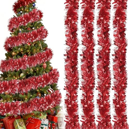4 Stück Lametta Girlande Rot (Ca. 8m) – Voluminöse Weihnachtsbaum Girlande (9cm breit) mit Glanz-Effekt – Flexible Christbaum Girland-e als Weihnachten Lametta G-irlande Deko für Baum & Party