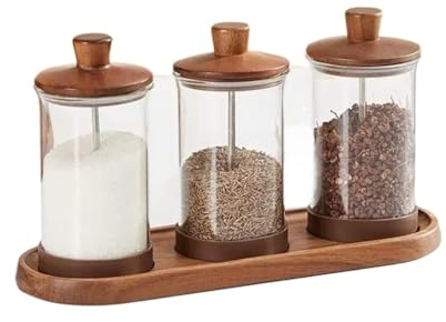 PIPONS Zuckerdose Salztopf Glas-Gewürzflaschen-Set Mit Löffel Und Holzdeckel, Tablett, Gewürzglas, Salzglas, Gewürzgewürzbox, Heimküche Salzdose Spice Jars