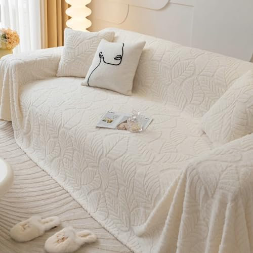 Ayoiow Sofabezug Antirutsch Bezug Sofa Weiß 1 Sitzer Sofabezug Plüsch Einfarbig Mit Blättermuster
