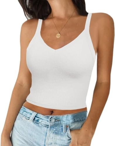 Imily Bela Damen Tops Sommer Sexy V Ausschnitt Kurzes Gerippt Spaghetti Top Slim Fit Cami Casual(Weiß,L)