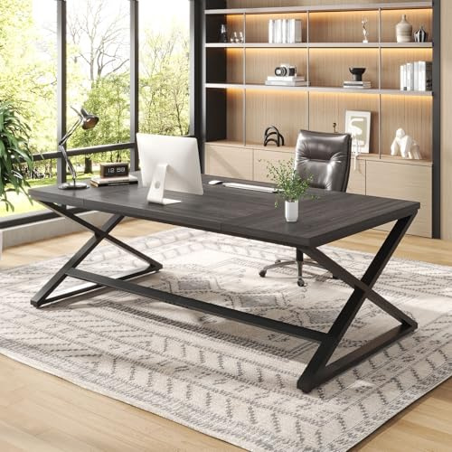 IBF Large Desk, Long Computer Desk for Writing Study, Industrial Home Office Work Executive Desk for Bedroom, Wood Metal Pc Gaming Workstation Computer Table for 2 Monitors, Dark Gray Oak 70 Inch | Work Writing Table for 2 Person, Farmhouse Double Workstation Executive Desk with Storage in Bedroom