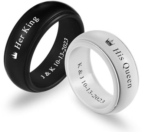INBLUE Personalized Matching Silicone Rings for Couples His and Hers Wedding Ring Sets Custom Engraved Text/Symbol Wedding Band Promise Rings Gift for Husband Wife