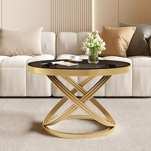 Runde Couchtische für das Wohnzimmer, stilvoller weißer Mitteltisch für das Wohnzimmer, Akzent-Beistelltisch mit stabilem Metallrahmen, für Wohnzimmer, Schlafzimmer, Büro(Black+Gold,70cm/27.6in)