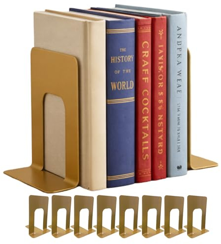 Alessk 8 Stück goldene Buchstützen für Regale, robuste Metall-Buchstützen stützen schwere Bücher, dekorative goldene Stopps für Zuhause oder Büro Dekoration - 4 Paar