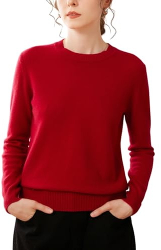 DISSA Pull Cachemire Femme Col Rond Tricot Lisse,Rouge,38