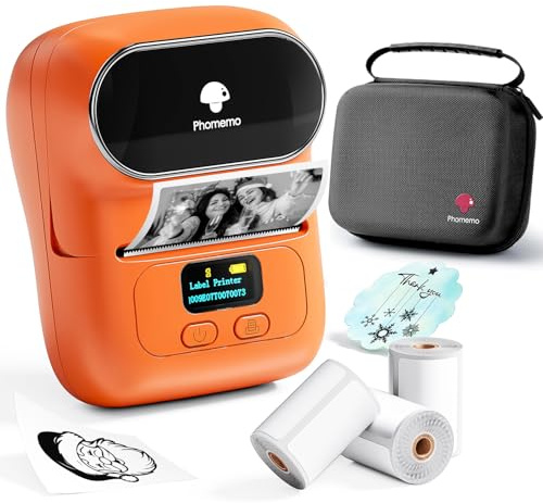 Phomemo M110 Stampante per Etichette set con 3 Rotoli di Etichette e sacchetti di conservazione, Etichettatrice Adesive Portatile Bluetooth per Piccole imprese,codici a barre,negozi -Orange