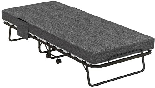 HOMCOM Folding Bed with Mattress, Foldable Guest Bed on Wheels, Portable Single Bed with 10cm Mattress, Side Pockets, Cover, 190 x 80cm, Dark Grey