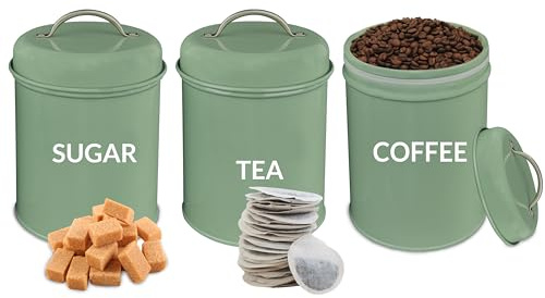 ADEPTNA 3-Piece Tea, Coffee Sugar Kitchen Canister Set Round Food Storage Containers for Durable Metal Jars Airtight Lids Easy Clean Minimal Elegant Design Ideal for Office/Camping/Kitchen (GREEN)
