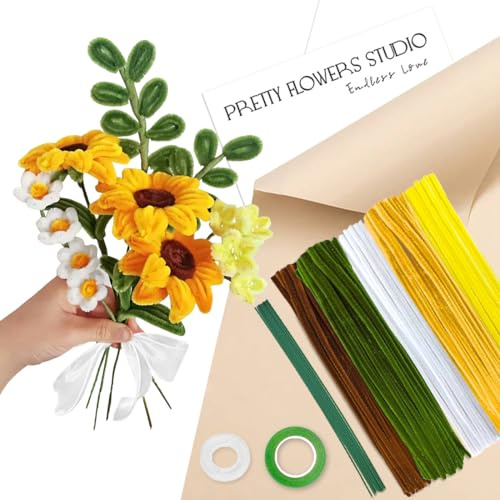 Cure-pipe Fleurs Jaune Set, Chenille Loisir Creatif, Fil de Chenille, Papier Cadeau Ruban, Pipes Cleaner pour DIY Artisanat Décoration Fournitures