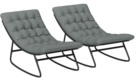 Outsunny Gartenschaukelstühle Set aus 2 mit dicken Polstern Dunkelgrau | Mesh-Tiefensitz, Stahlrahmen, Innen und Außen, Schaukelstuhl-Set für Rasen, Veranda, Garten