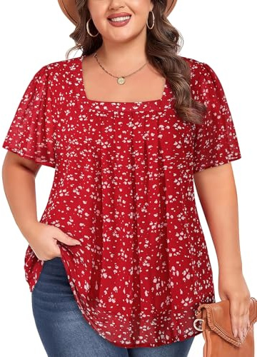 Siddhe Short Sleeve Plus Size Tops for Women, Womens Plus Size Dressy Casual Chiffon Blouses Puff Sleeve Womens Summer Shirts Fashion 2025 Casual Double Lined Pleated Tops, Red Spotted, 3XL