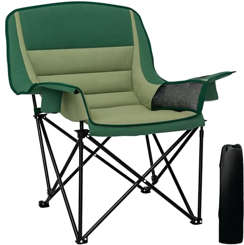 Outsunny Folding Camping Chair for Adults, Portable Padded Folding Chair with Cup Holders, Side Pockets and Carry bag for Picnic, Hiking, Fishing, Olive Green