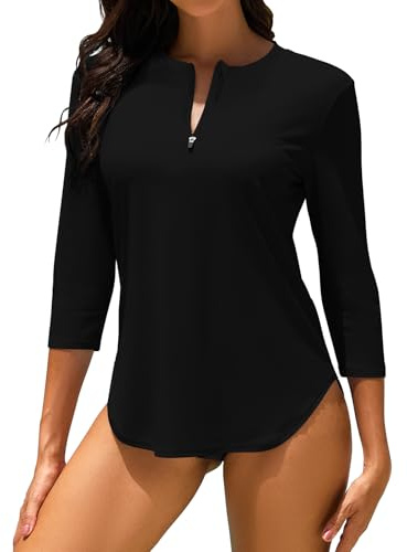 WOWENY UV Shirt Damen Schwimmshirt 3/4 Arm Rashguard mit 1/4 Zip UPF 50+ UV Schutz Schnelltrocknend Badeshirt für Wassersport Surf Strand