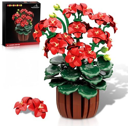 HOGOKIDS Blumen Botanischer Geranien-Bausatz - 548-teilig künstliche BonsaiPflanzen Dekoration Hause im Büro Ausstellungsblöcke Spielzeugblumen Topfbasteln Geburtstagsgeschenk für Erwachsene Frauen