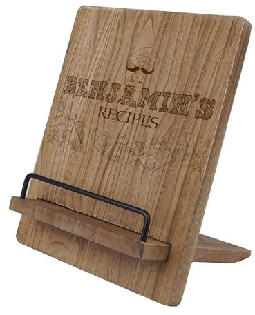 Personalised Any Name Wooden Recipe Book Stand, Kitchen Cookbook Holder with Metal Support, 24.1 x 20.1 x 32.5 cm, Gift for Him