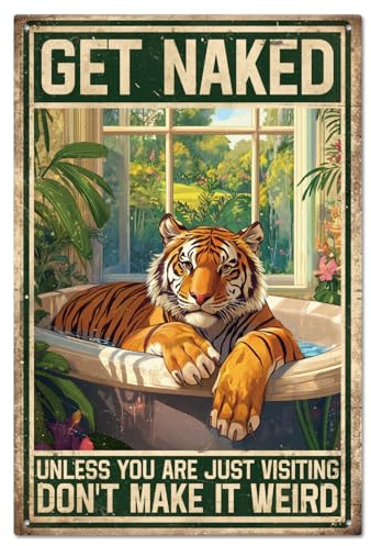 GLOBLELAND Funny Tiger Metal Tin Sign 12x8 in Fresh Plants Bathtub Tin Signage Decor Metal Sign for Washbasins Balcony Bathroom Toilet Home Wall Decoration