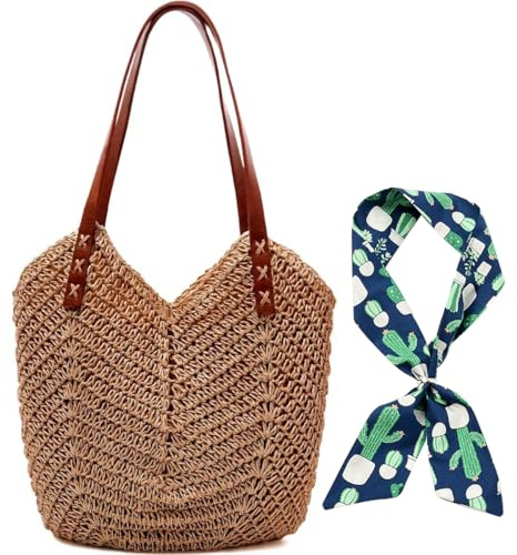 Pro-Noke Straw Beach Bags for Women Handmade Woven Tote Bag Summer Beach Handbag Large Straw Shoulder Bags Boho Straw Bag with Zip for Vocation Holiday and Shopping