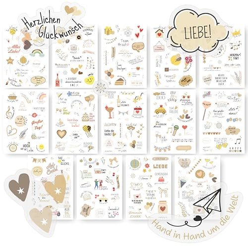 Sticker Hochzeit Gästebuch (14x A5, 281 Sticker) – Hochzeitsaufkleber Set mit deutschen Texten & Herz-Motiven – für Gästebuch, Scrapbook, Karten, Namenskärtchen & Hochzeitsdeko Tisch, JGA Deko Frauen